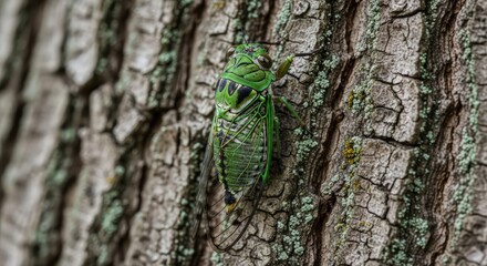 Detailed Macro of a Green Cicada on a Tree Trunk, Close-Up Insect Photography