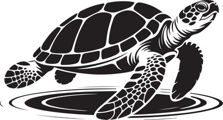 Simple black silhouette of a crawling turtle in side profile isolated on white background