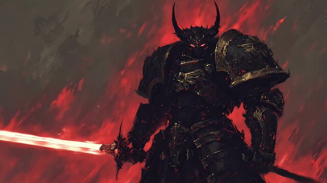 Armored warrior with glowing red eyes and laser sword against smoky red
