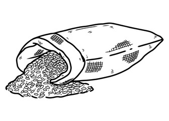Cartoon sketch of a burlap sack filled with spilled rice grains