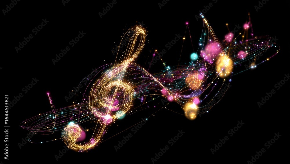 Aufkleber digital music is set against an abstract backdrop of glowing neon notes and illuminated trails