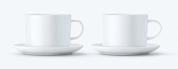 For hot drink concepts, a side view of two empty white coffee cups or mugs is isolated against a transparent background