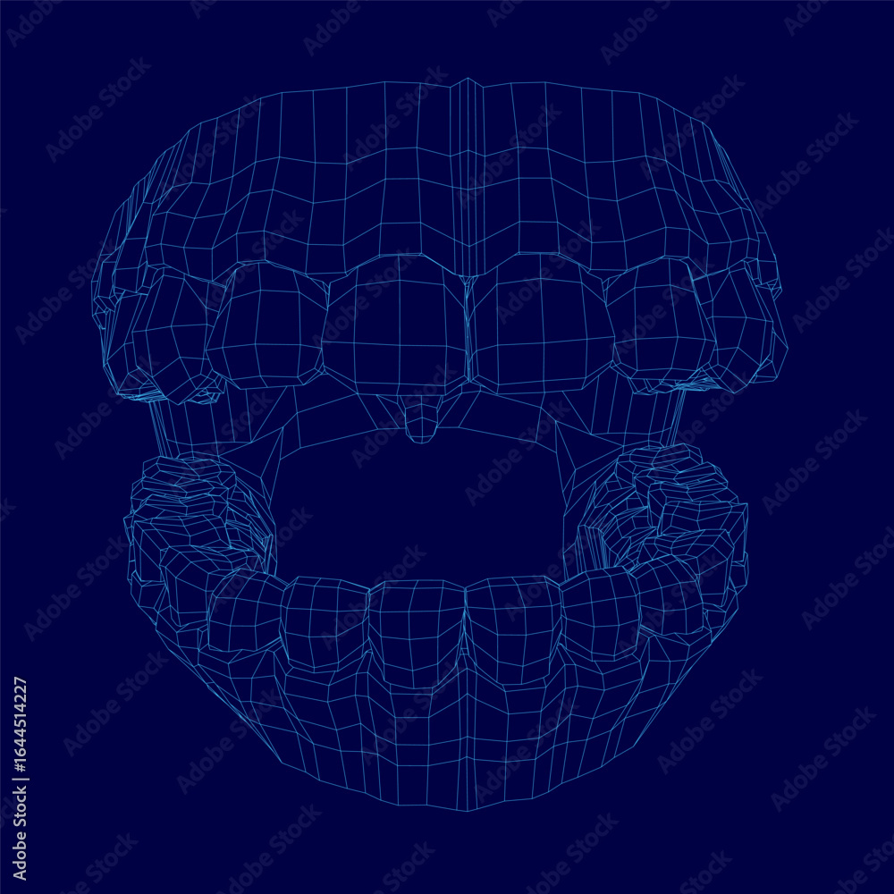 Poster Blueprint skull illustration features detailed wireframe structure with visible teeth anatomy. The technical drawing showcases precise lines and geometric patterns.