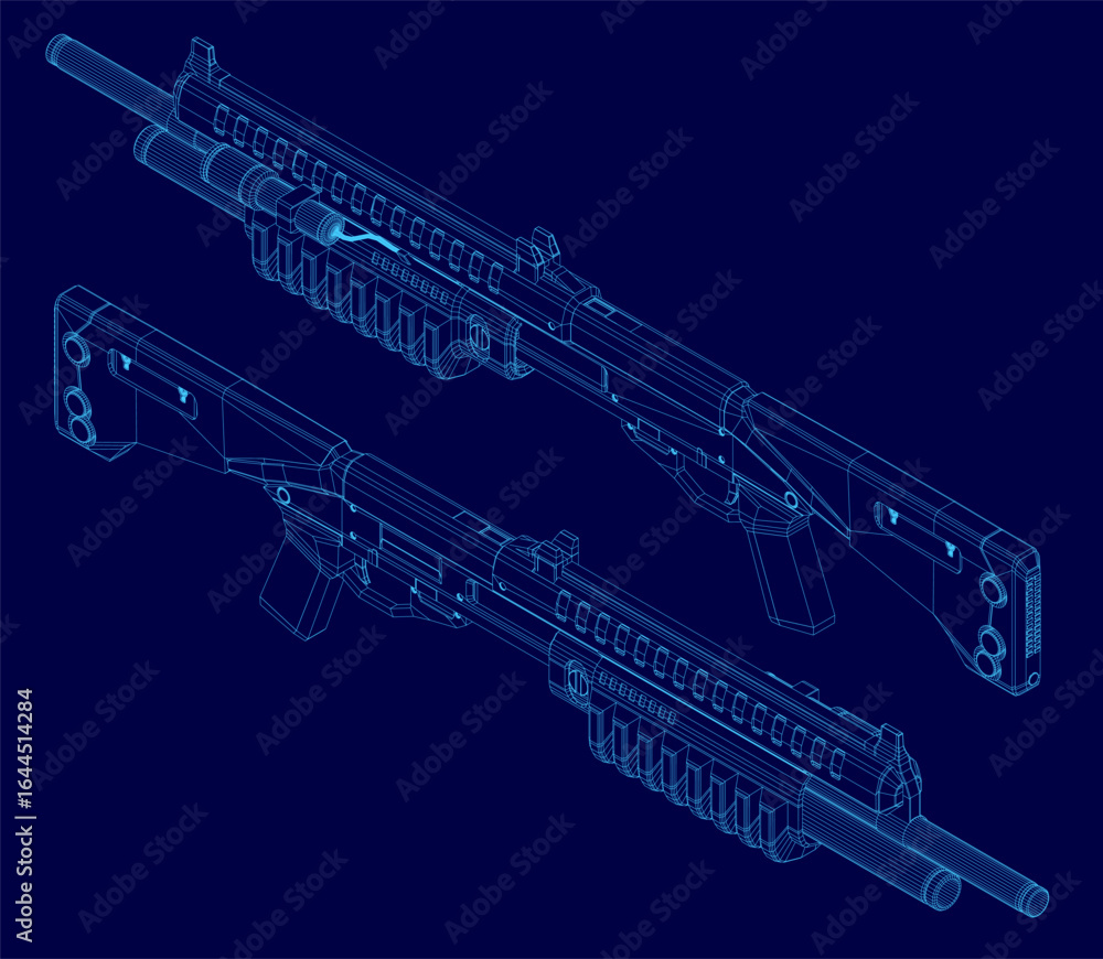 Poster blueprint of a rifle with detailed wireframe design on a blue background, showcasing mechanical comp