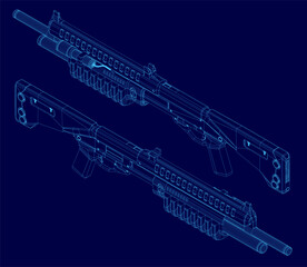 Blueprint of a rifle with detailed wireframe design on a blue background, showcasing mechanical components and precise engineering. The shotgun features clean lines and technical accuracy.
