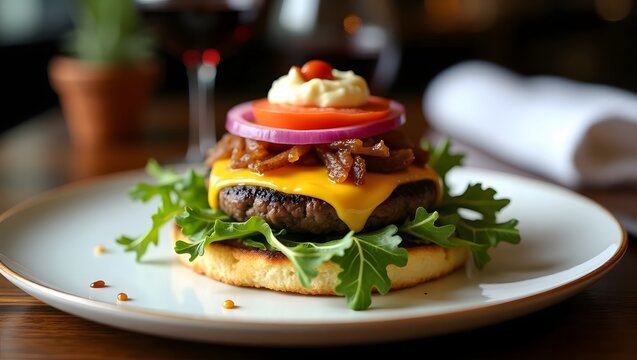 Open-Faced Gourmet Cheeseburger with Red Onions, Deconstructed Burger on a White Plate, Artisanal Beef Patty with Melted Cheese, Upscale Cheeseburger with Fresh Arugula - Powered by Adobe
