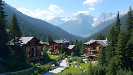 Picturesque Mountain Village Scenic View Luxurious Wooden Chalets Alpine Setting Green Lawns Rocky Pathway Majestic Mountains Coniferous Trees Summer Day Blue Sky White Clouds