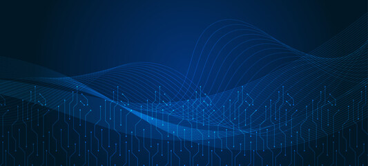 Circuit board blue wave background. Abstract blue circuit board technology connected lines electronic. Motherboard, microchip, processor, and cpu concept