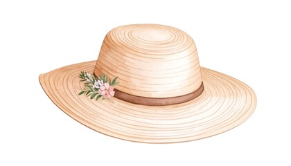 Charming watercolor illustration of a wide-brimmed sun hat adorned with flowers