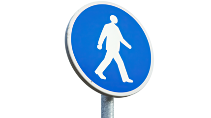 simple blue sign with white human figure symbolizing walk path on road on white background