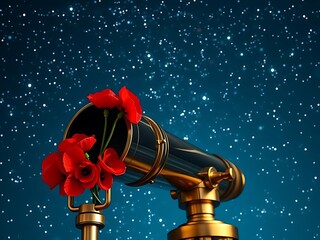 A golden telescope holds red poppies against a starry blue backdrop, evoking a sense of wonder.