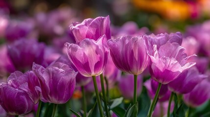 Obraz premium A garden filled with green grass and bathed in sunlight features beautiful purple tulips