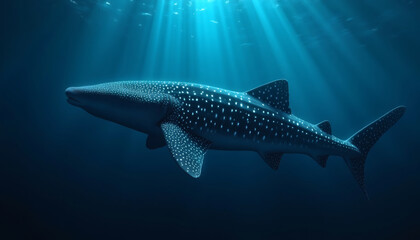 Fototapeta premium Majestic Whale Shark Underwater Photo, Glowing Spots, Deep Blue Ocean, Cinematic Luxury, Ethereal Glow, High Contrast, Commercial Stock Image