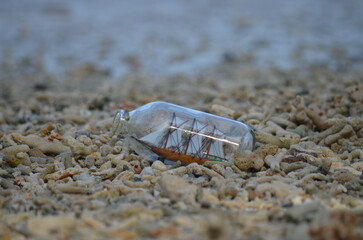 a ship in a bottle held in a persons hand with the beautiful blue pacific ocean as a background
