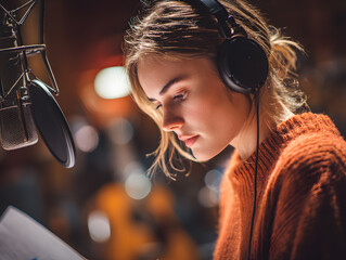 Professional voice actress recording audio book in studio with headphones and microphone for commercial use