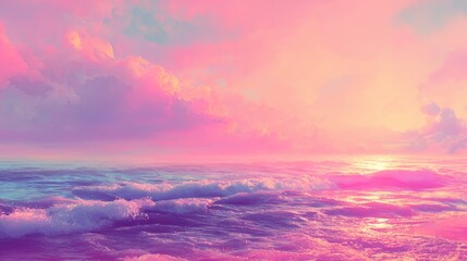 As the sun sets over the ocean, it creates a picturesque scene of waves, calm water, and a sky that transitions into shades of pink and purple, embodying the essence of a peaceful beach