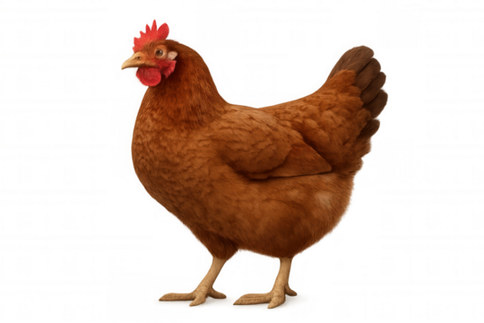 Brown hen standing upright, highlighting feather details and classic farmyard silhouette against clean white backdrop