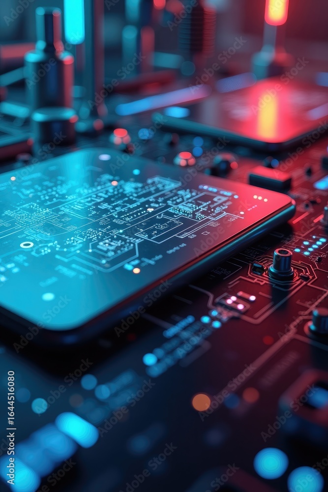 Poster close-up view of a circuit board with a technological device.
