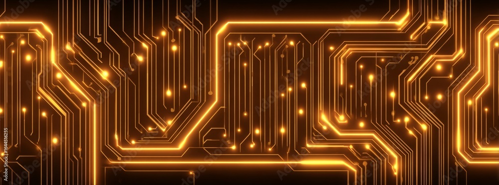 Poster glowing lines adorn an abstract orange circuit board, creating a high-tech background well-suited fo