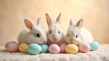 Fototapeta premium Three Adorable Fluffy White Baby Rabbits Nestled Amongst Pastel Easter Eggs Soft Focus Image Light Beige Background
