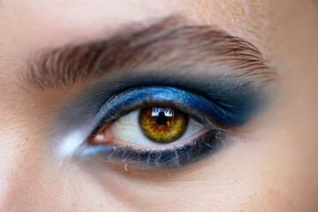 Obraz premium Close-Up of a Woman's Eye with Dramatic Blue and Gold Makeup, Showcasing Intricate Detail and Artistic Expression in Beauty Photography, Eye Artistry Focus