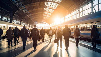 People walking through train station at sunrise
