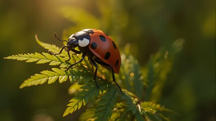 Obraz premium Macro close-up of a ladybug on wet fern leaf, water droplets sparkling under diffused sunlight.