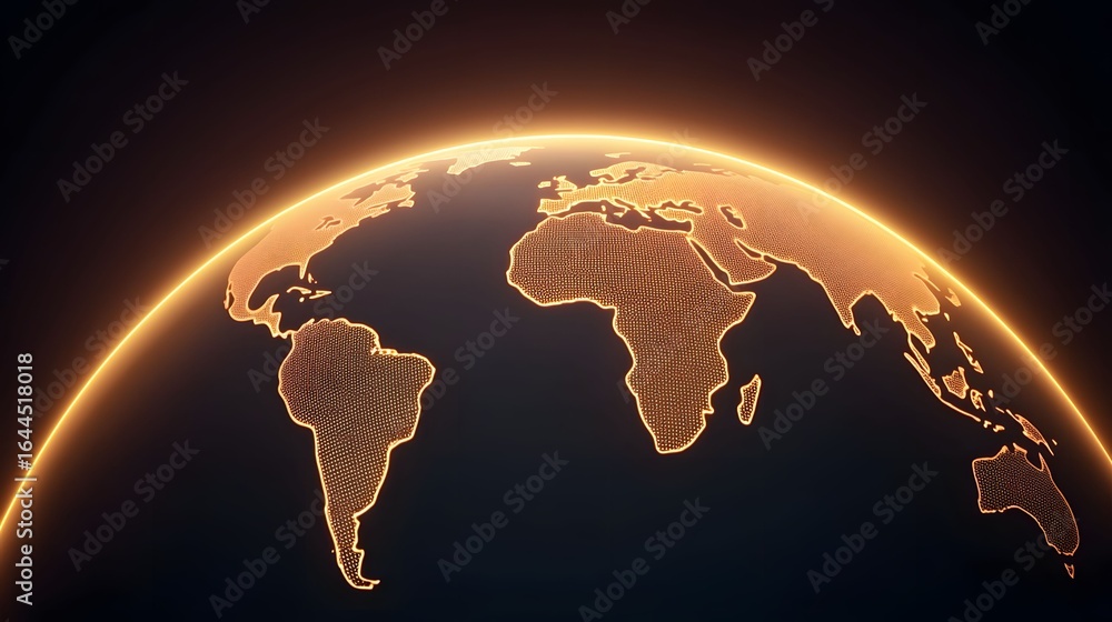 Poster the image shows a stylized digital globe with continents outlined in a glowing orange hue, set again