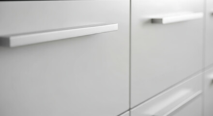 Modern white cabinet doors with sleek minimalist rectangular metal handles.