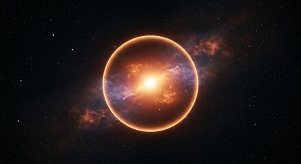 Glowing nebula surrounding a forming sphere planet, a scene of deep space exploration.
