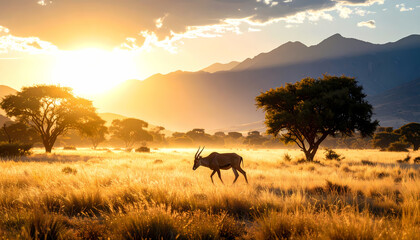 Naklejka premium Antelope silhouette sunrise savanna