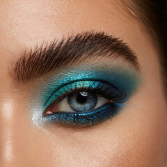 Naklejka premium Close-Up of a Woman's Eye with Teal and Blue Eyeshadow, Showcasing a Bold and Dramatic Makeup Look for Beauty and Cosmetic Enthusiasts