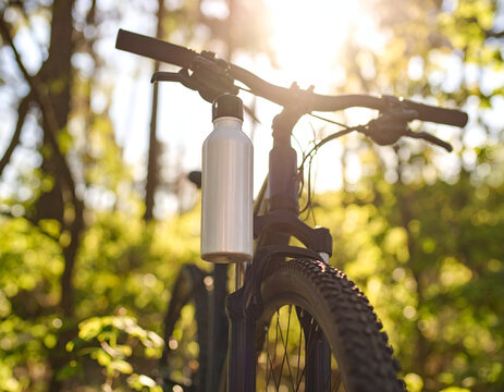 Blank reusable water bottle mockup on a bicycle frame, ideal for branding, set against a sunny, natural forest background.