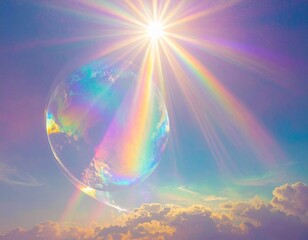 A vibrant rainbow arches across a bright blue sky, its light breaking through the clouds