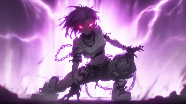 Fierce female character with glowing eyes in a dynamic pose