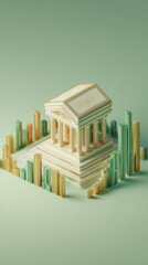 Ancient temple model with columns surrounded colorful bar chart columns in soft green and beige tones