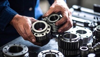 Close-up of skilled mechanic inspecting metal components in a workshop setting