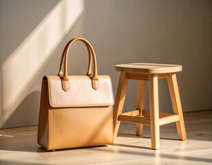 Minimalist product display featuring a blank boxy handbag mockup next to a simple wooden stool under warm, soft studio lighting.