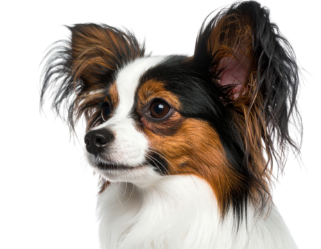 Close-up of Papillon’s Face with Head Tilt, Angled Side View, Isolated on Transparent Background.