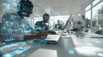 Data analysis and teamwork in modern office with digital interface and futuristic technology overlay