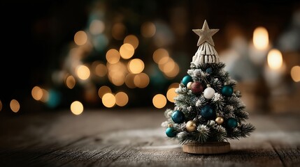 Festive Christmas Tree Ornament with Bokeh Background on Wooden Table.