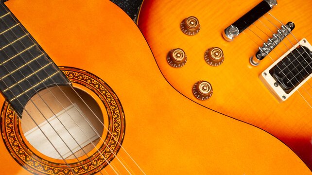 guitars for background music.close up of 2 guitars acoustic and electric for music poster flyer announcement card ticket with free space for text - Powered by Adobe