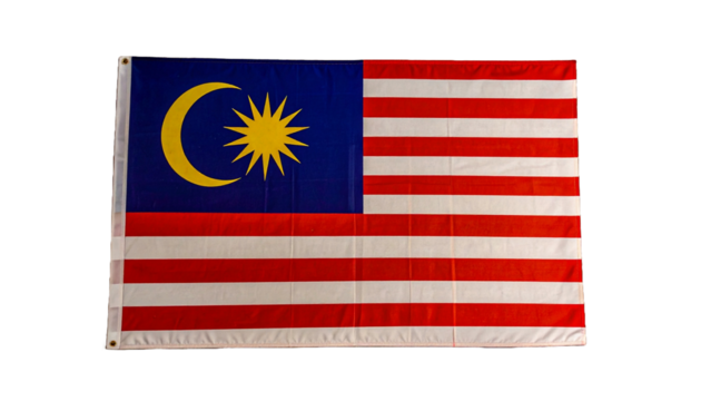 Malaysian flag featuring stripes, crescent moon and star for national representation, available on transparent background