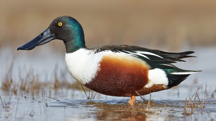Obraz premium A wetland habitat is home to a goose that stands in water surrounded by reeds
