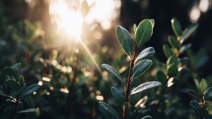 The image is a close-up of green leafy plant with sunlight shining through it in an outdoor setting