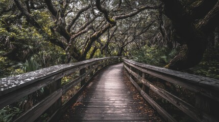 Obraz premium In a forested area, a wooden bridge is set amidst trees and a canopy, creating a picturesque outdoor pathway that stretches into the distance, highlighting nature's scenery