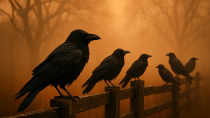 Fototapeta premium Black Crows Perched on Rustic Wooden Fence in Orange Foggy Halloween Morning