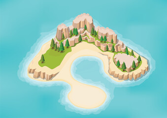 Isometric beautiful natural rocky mountain island