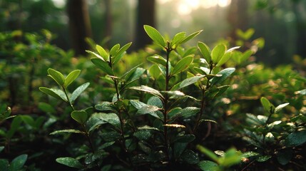 A close-up of a green leafy plant is shown with sunlight filtering through in a natural outdoor setting