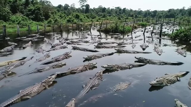 Many crocodiles in a body of water